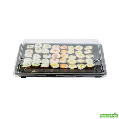 Wholesale Restaurantware Roku Rectangle Black Plastic Take Out Sushi Tray - with Clear Lid - 10" X 7 1/4" X 1 3/4" - 100 Count Box- Bulk