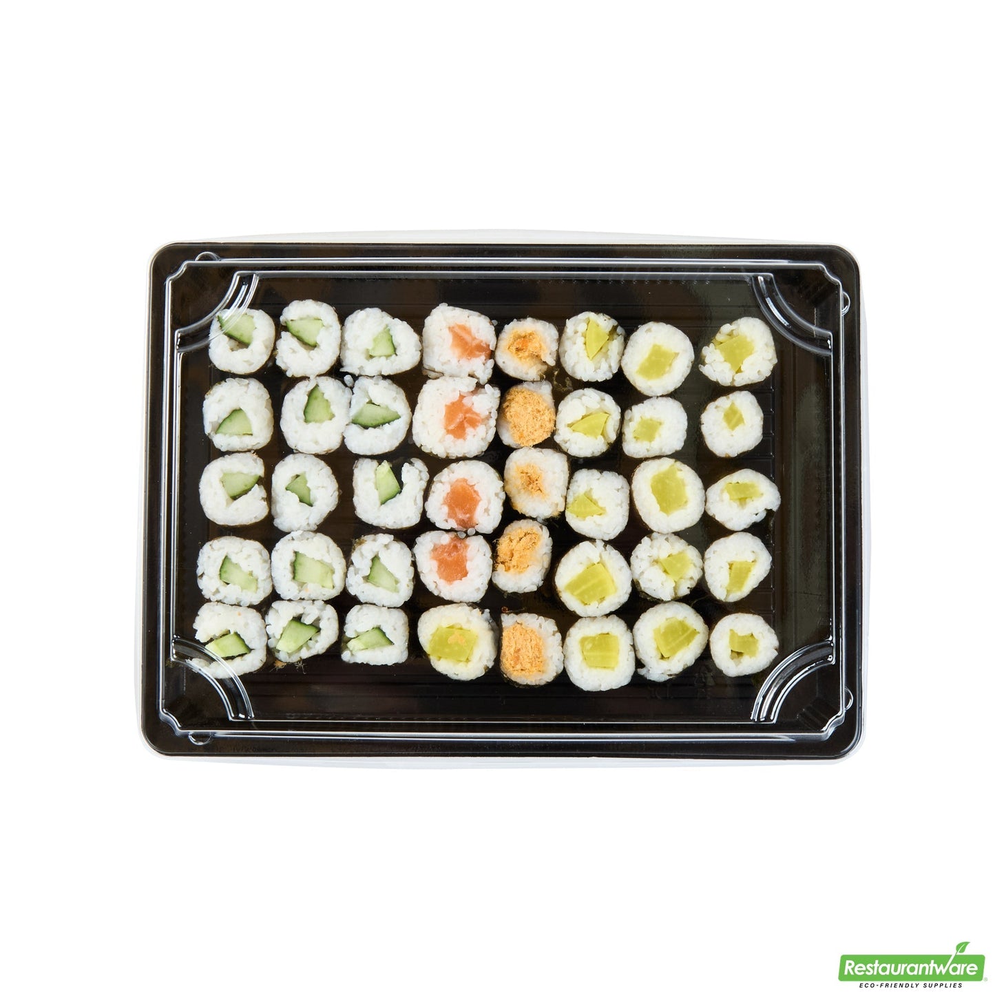 Wholesale Restaurantware Roku Rectangle Black Plastic Take Out Sushi Tray - with Clear Lid - 10" X 7 1/4" X 1 3/4" - 100 Count Box- Bulk