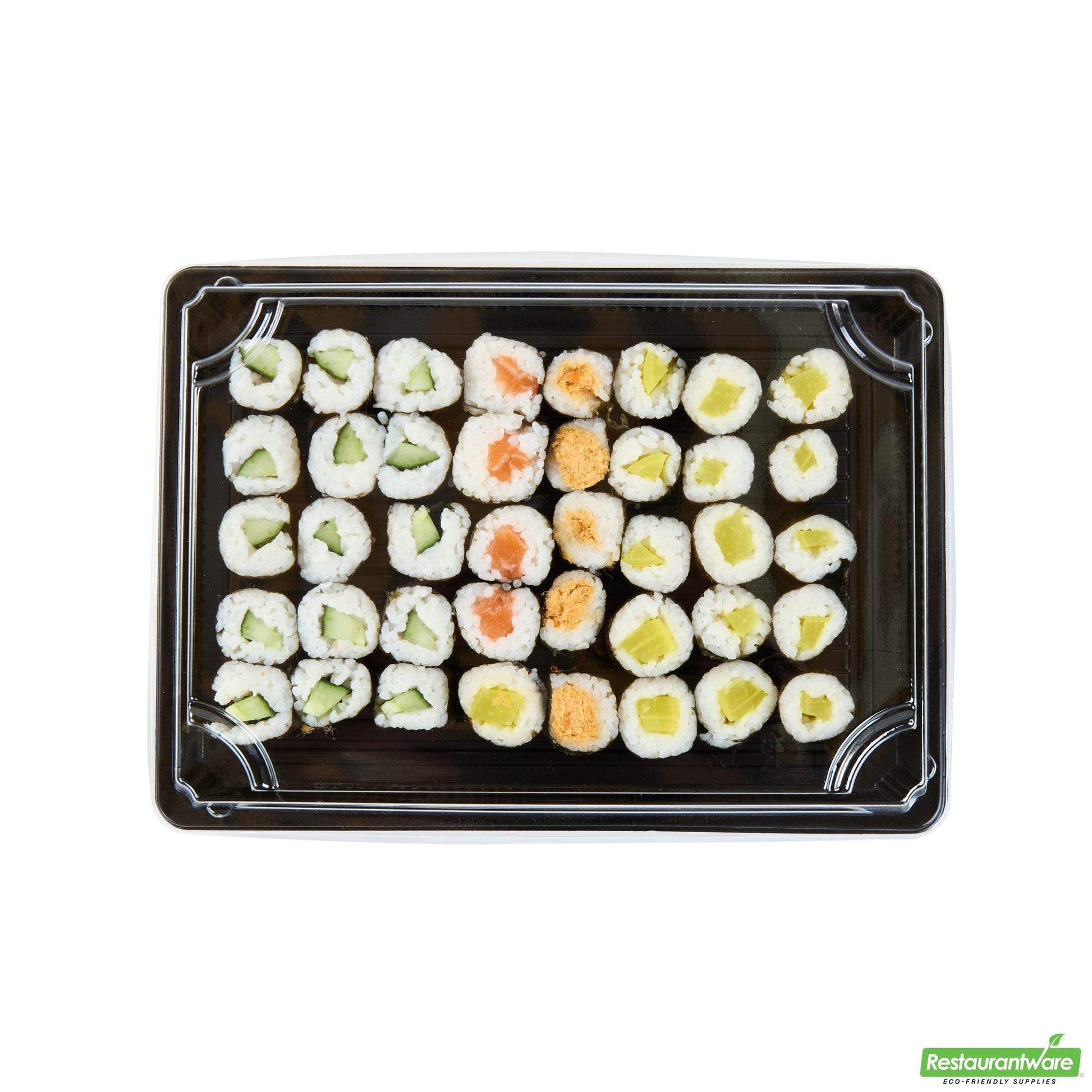 Wholesale Restaurantware Roku Rectangle Black Plastic Take Out Sushi Tray - with Clear Lid - 10" X 7 1/4" X 1 3/4" - 100 Count Box- Bulk