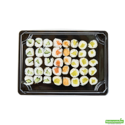 Wholesale Restaurantware Roku Rectangle Black Plastic Take Out Sushi Tray - with Clear Lid - 10" X 7 1/4" X 1 3/4" - 100 Count Box- Bulk