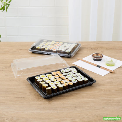 Wholesale Restaurantware Roku Rectangle Black Plastic Take Out Sushi Tray - with Clear Lid - 10" X 7 1/4" X 1 3/4" - 100 Count Box- Bulk