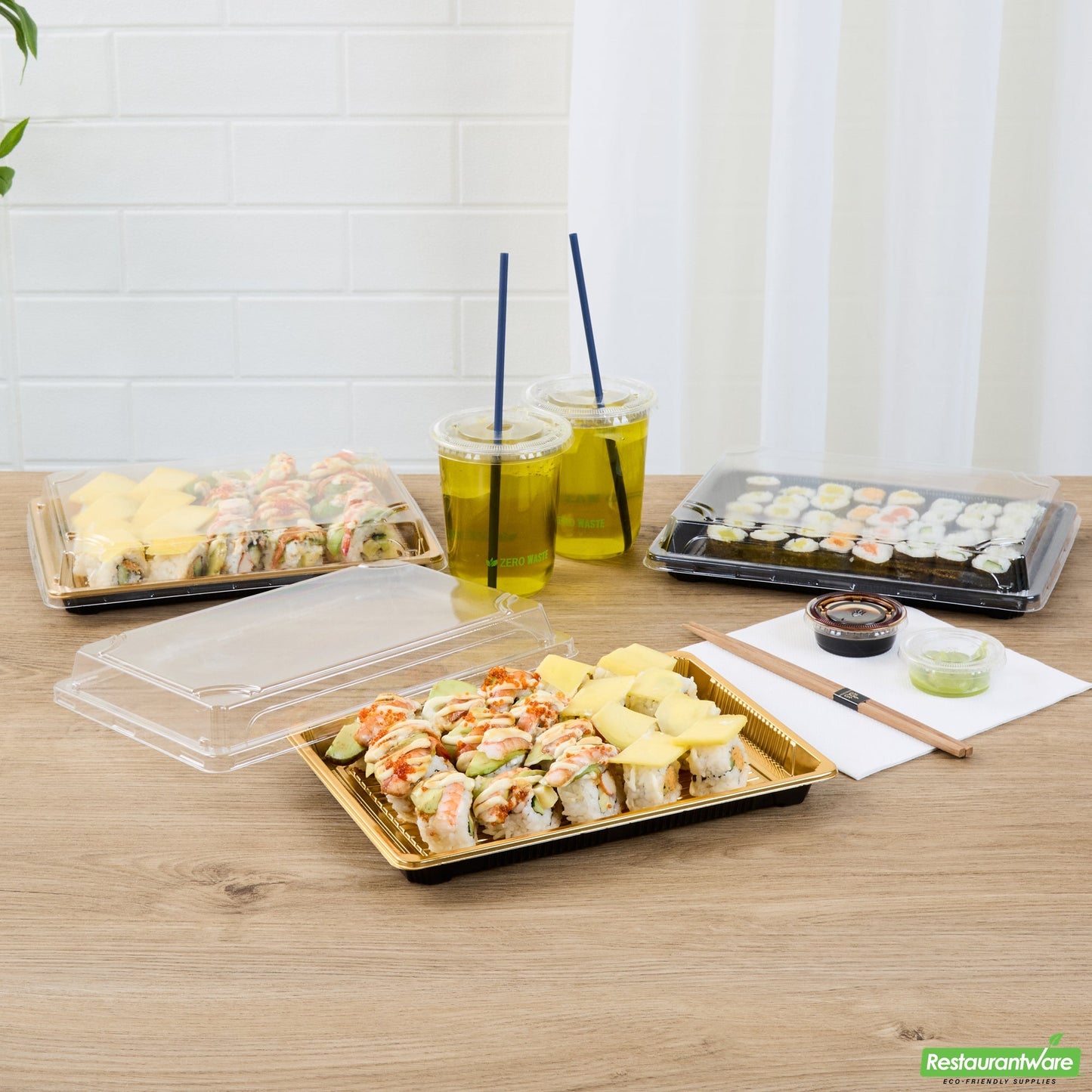 Wholesale Restaurantware Roku Rectangle Gold Plastic Take Out Sushi Tray - with Clear Lid - 10" X 7 1/4" X 1 3/4" - 100 Count Box- Bulk