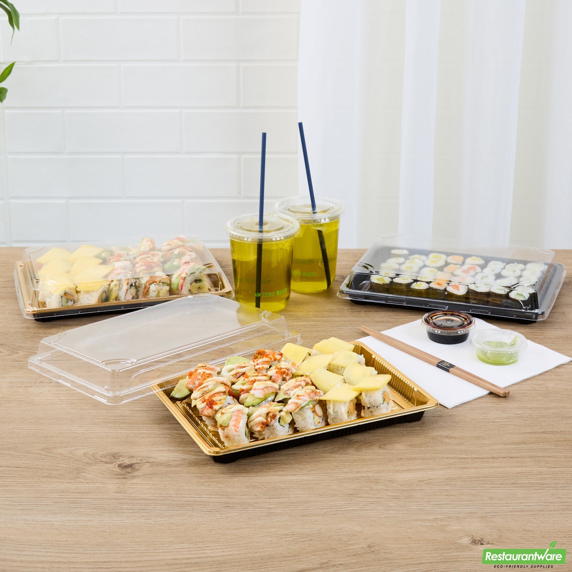 Wholesale Restaurantware Roku Rectangle Gold Plastic Take Out Sushi Tray - with Clear Lid - 10" X 7 1/4" X 1 3/4" - 100 Count Box- Bulk