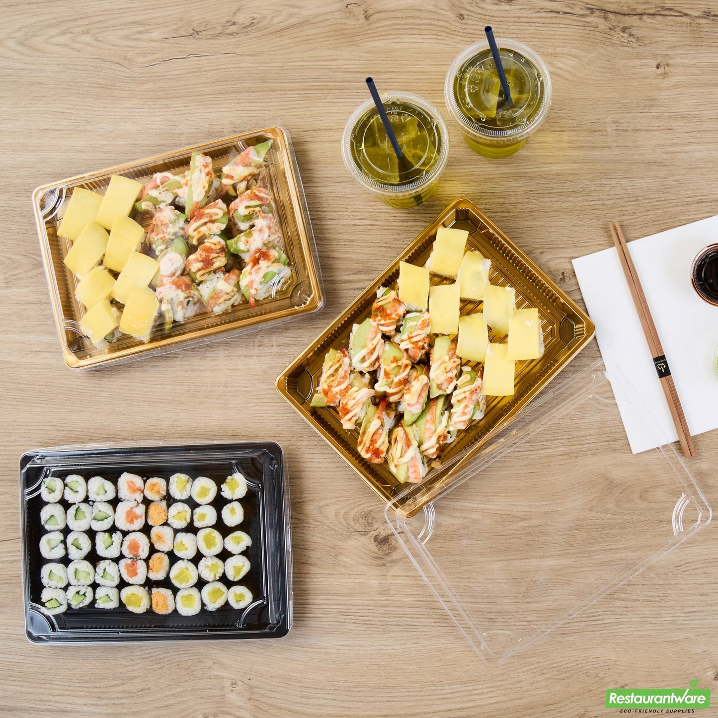 Wholesale Restaurantware Roku Rectangle Gold Plastic Take Out Sushi Tray - with Clear Lid - 10" X 7 1/4" X 1 3/4" - 100 Count Box- Bulk