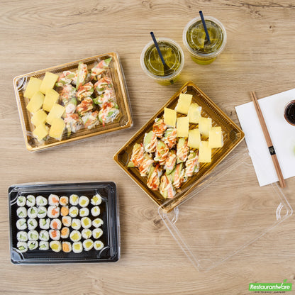 Wholesale Restaurantware Roku Rectangle Gold Plastic Take Out Sushi Tray - with Clear Lid - 10" X 7 1/4" X 1 3/4" - 100 Count Box- Bulk