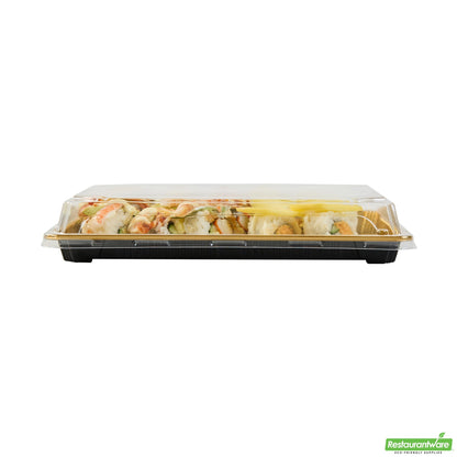 Wholesale Restaurantware Roku Rectangle Gold Plastic Take Out Sushi Tray - with Clear Lid - 10" X 7 1/4" X 1 3/4" - 100 Count Box- Bulk