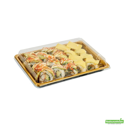 Wholesale Restaurantware Roku Rectangle Gold Plastic Take Out Sushi Tray - with Clear Lid - 10" X 7 1/4" X 1 3/4" - 100 Count Box- Bulk