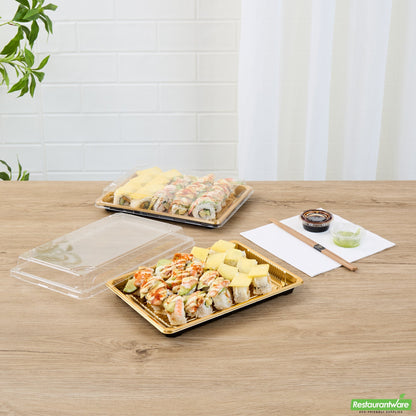 Wholesale Restaurantware Roku Rectangle Gold Plastic Take Out Sushi Tray - with Clear Lid - 10" X 7 1/4" X 1 3/4" - 100 Count Box- Bulk