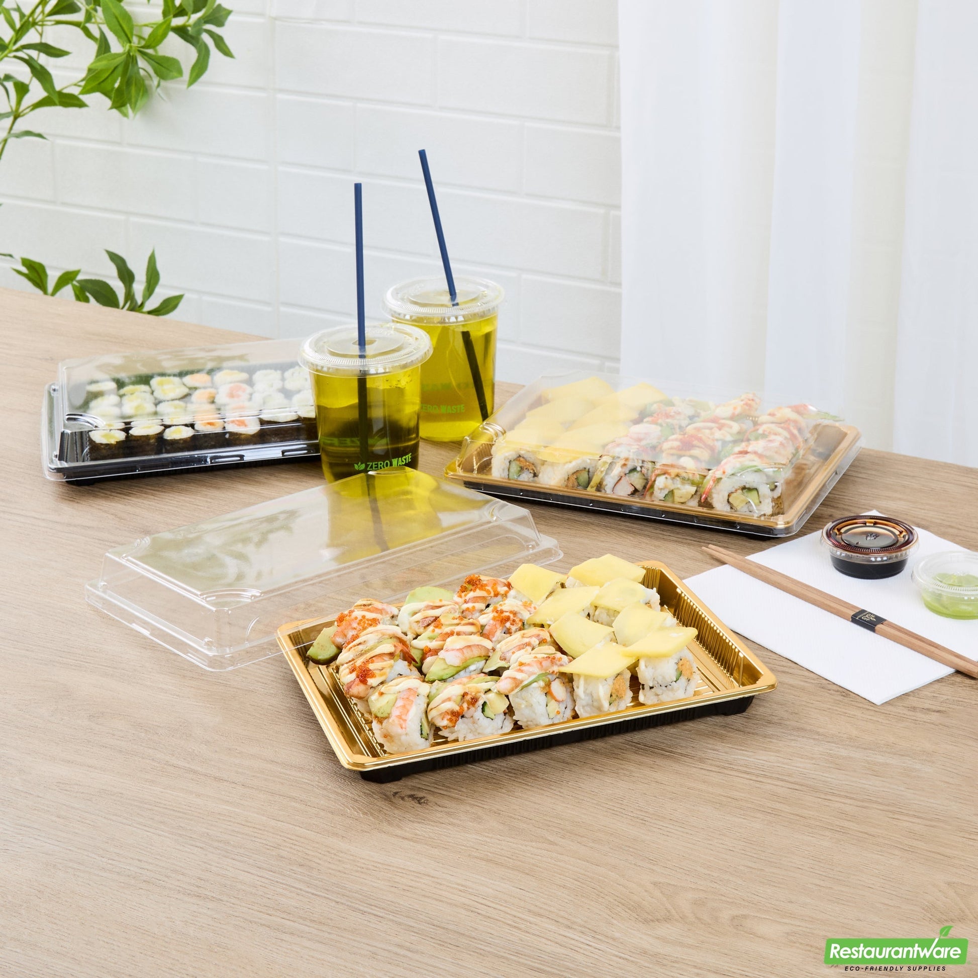 Wholesale Restaurantware Roku Rectangle Gold Plastic Take Out Sushi Tray - with Clear Lid - 10" X 7 1/4" X 1 3/4" - 100 Count Box- Bulk