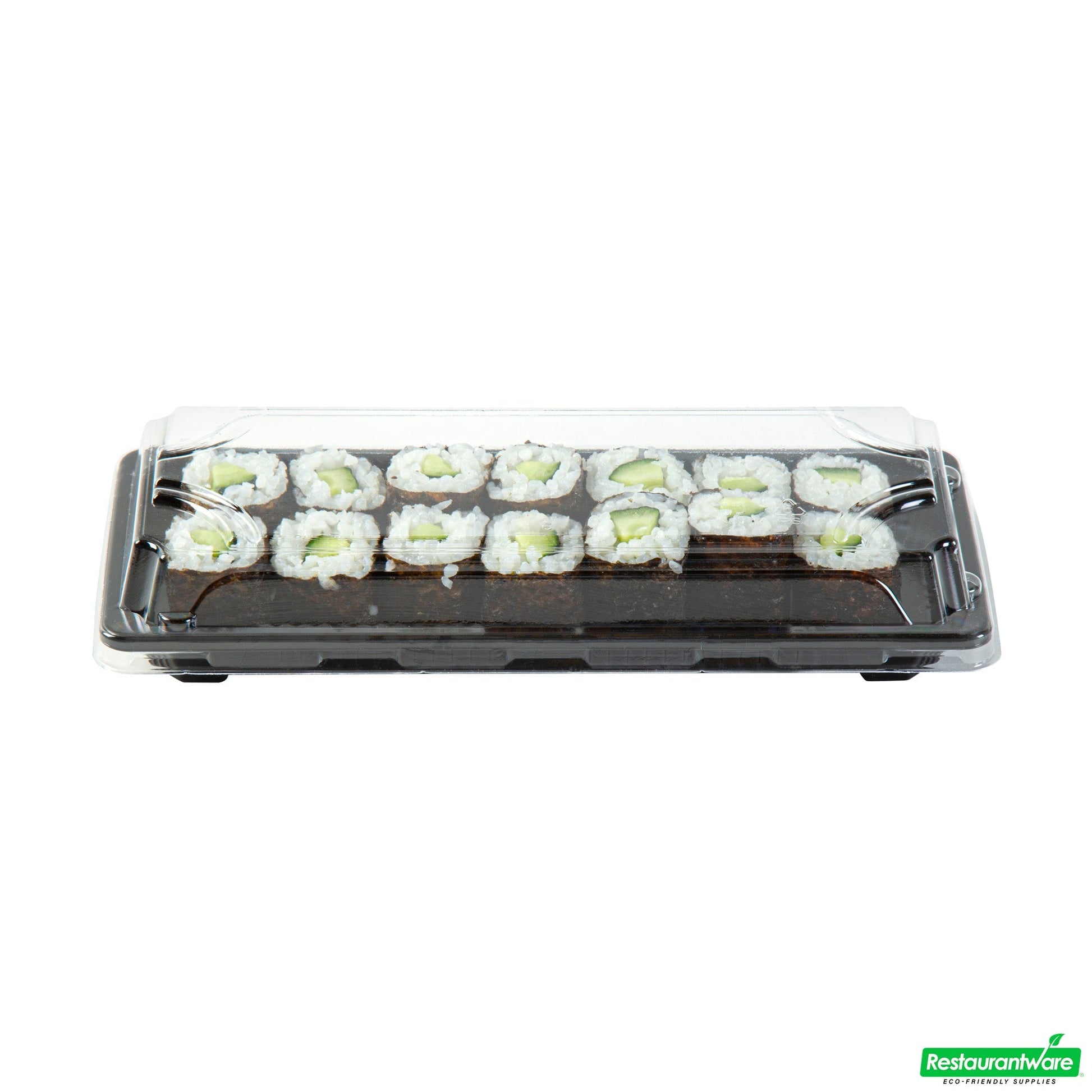 Wholesale Restaurantware Roku Rectangle Black Plastic Take Out Sushi Tray - with Clear Lid - 8 1/2" X 3 1/4" X 1 3/4" - 100 Count Box- Bulk