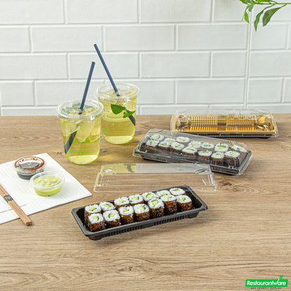 Wholesale Restaurantware Roku Rectangle Black Plastic Take Out Sushi Tray - with Clear Lid - 8 1/2" X 3 1/4" X 1 3/4" - 100 Count Box- Bulk