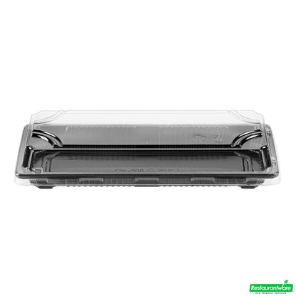 Wholesale Restaurantware Roku Rectangle Black Plastic Take Out Sushi Tray - with Clear Lid - 8 1/2" X 3 1/4" X 1 3/4" - 100 Count Box- Bulk
