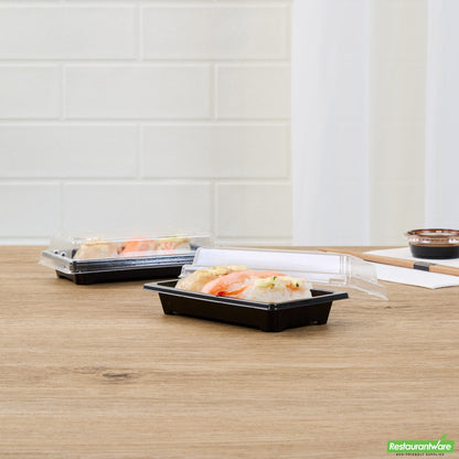 Wholesale Restaurantware Roku Rectangle Black Plastic Take Out Sushi Tray - with Clear Lid - 5 1/4" X 3 1/4" X 1 1/2" - 100 Count Box- Bulk