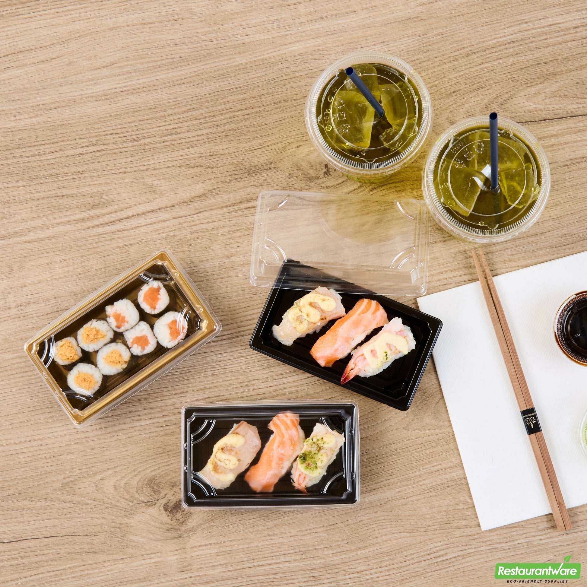 Wholesale Restaurantware Roku Rectangle Black Plastic Take Out Sushi Tray - with Clear Lid - 5 1/4" X 3 1/4" X 1 1/2" - 100 Count Box- Bulk
