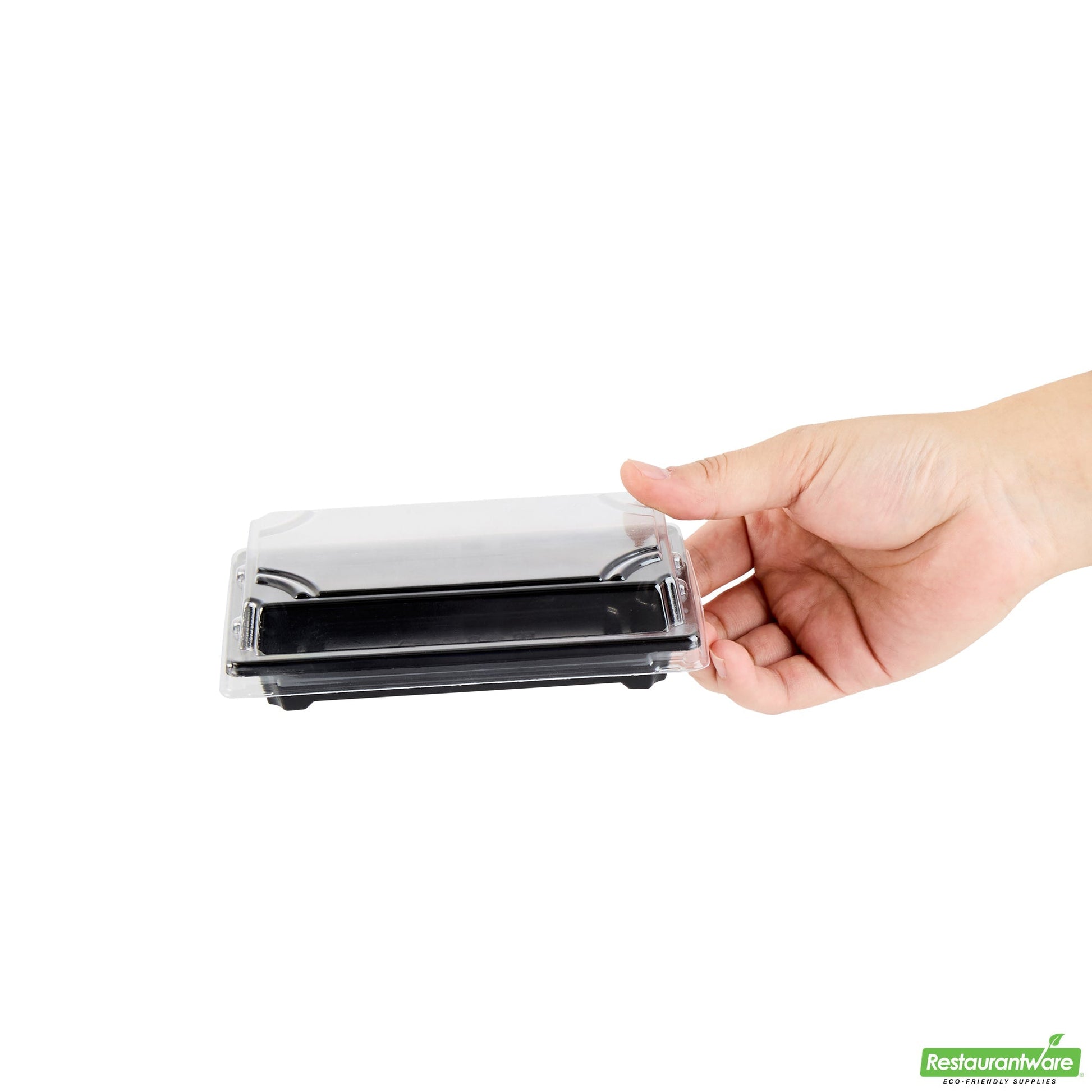 Wholesale Restaurantware Roku Rectangle Black Plastic Take Out Sushi Tray - with Clear Lid - 5 1/4" X 3 1/4" X 1 1/2" - 100 Count Box- Bulk