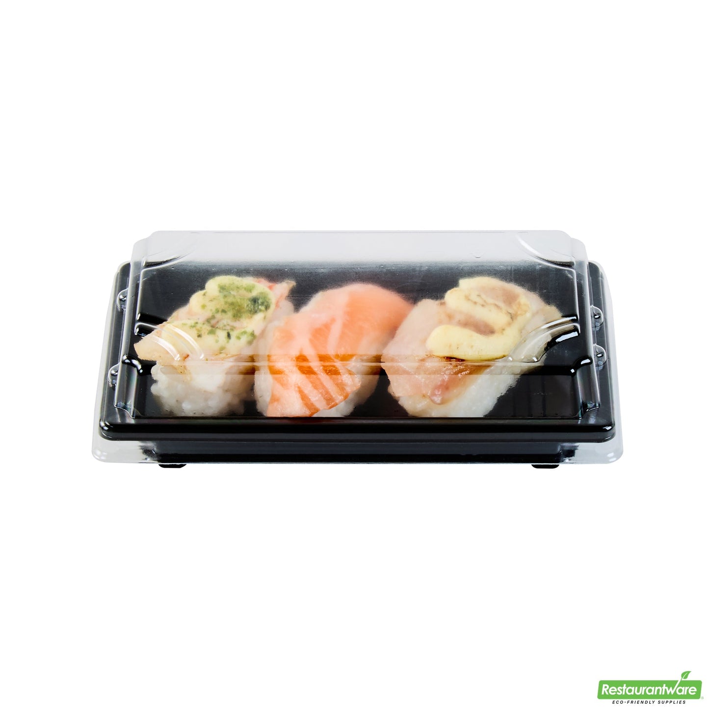 Wholesale Restaurantware Roku Rectangle Black Plastic Take Out Sushi Tray - with Clear Lid - 5 1/4" X 3 1/4" X 1 1/2" - 100 Count Box- Bulk