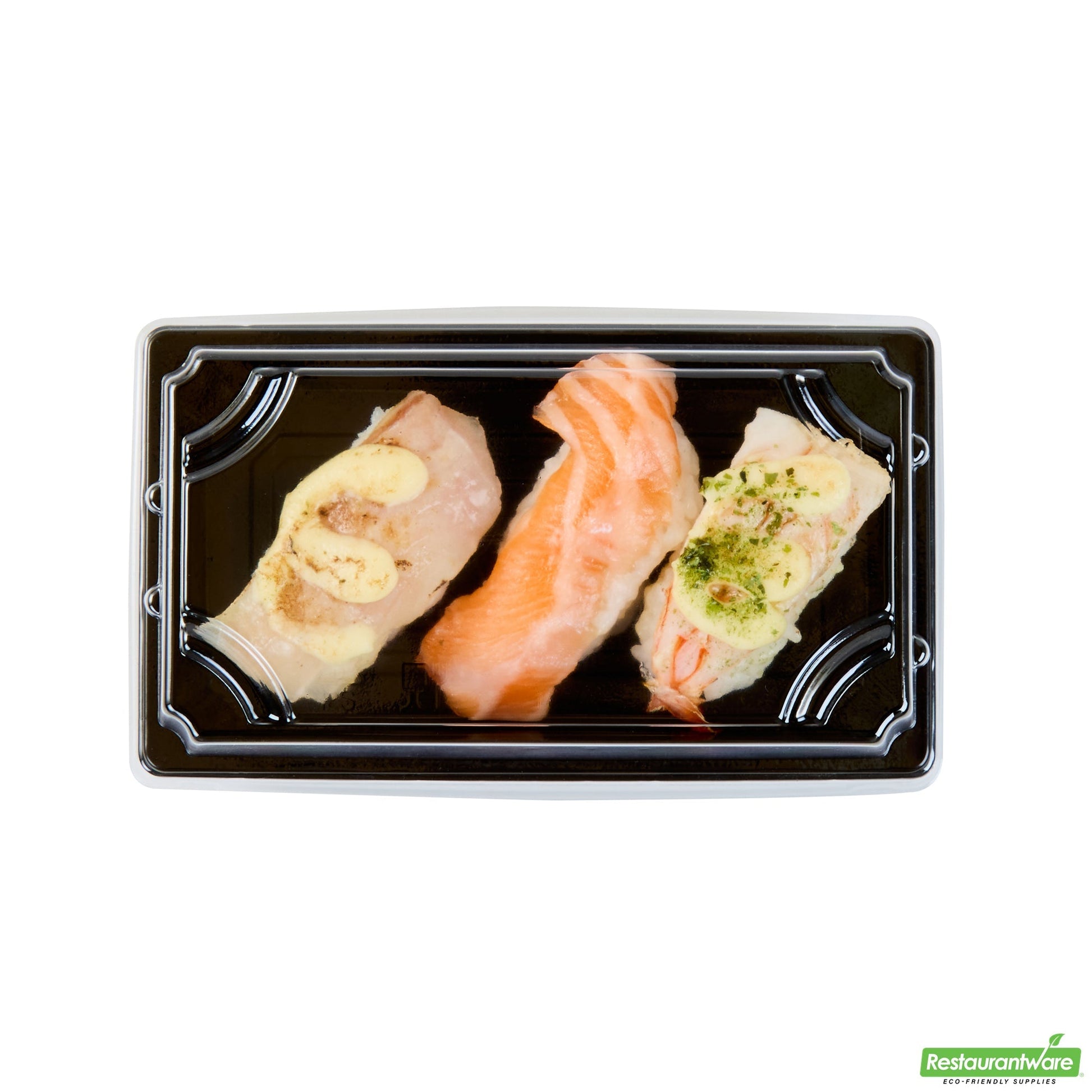 Wholesale Restaurantware Roku Rectangle Black Plastic Take Out Sushi Tray - with Clear Lid - 5 1/4" X 3 1/4" X 1 1/2" - 100 Count Box- Bulk