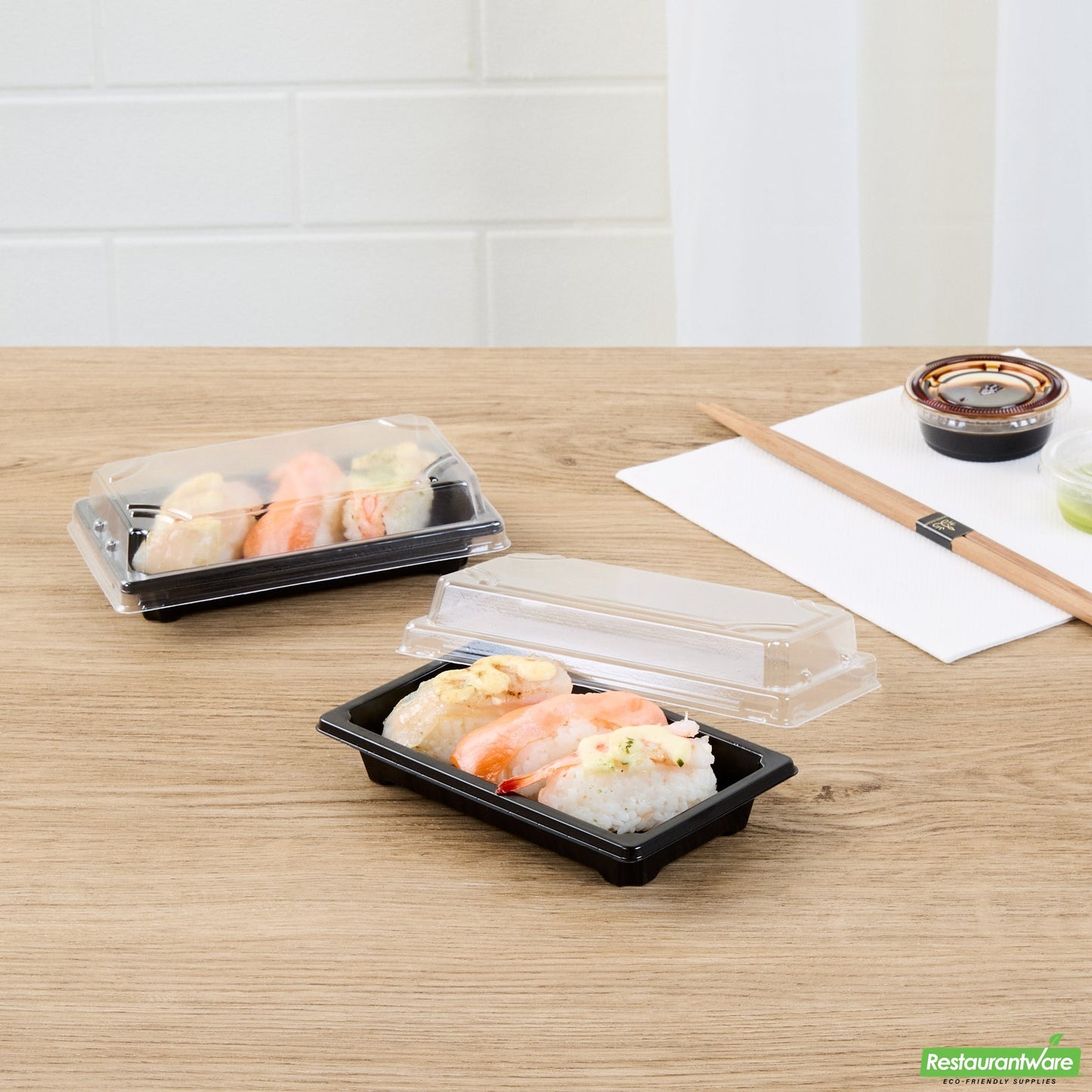 Wholesale Restaurantware Roku Rectangle Black Plastic Take Out Sushi Tray - with Clear Lid - 5 1/4" X 3 1/4" X 1 1/2" - 100 Count Box- Bulk