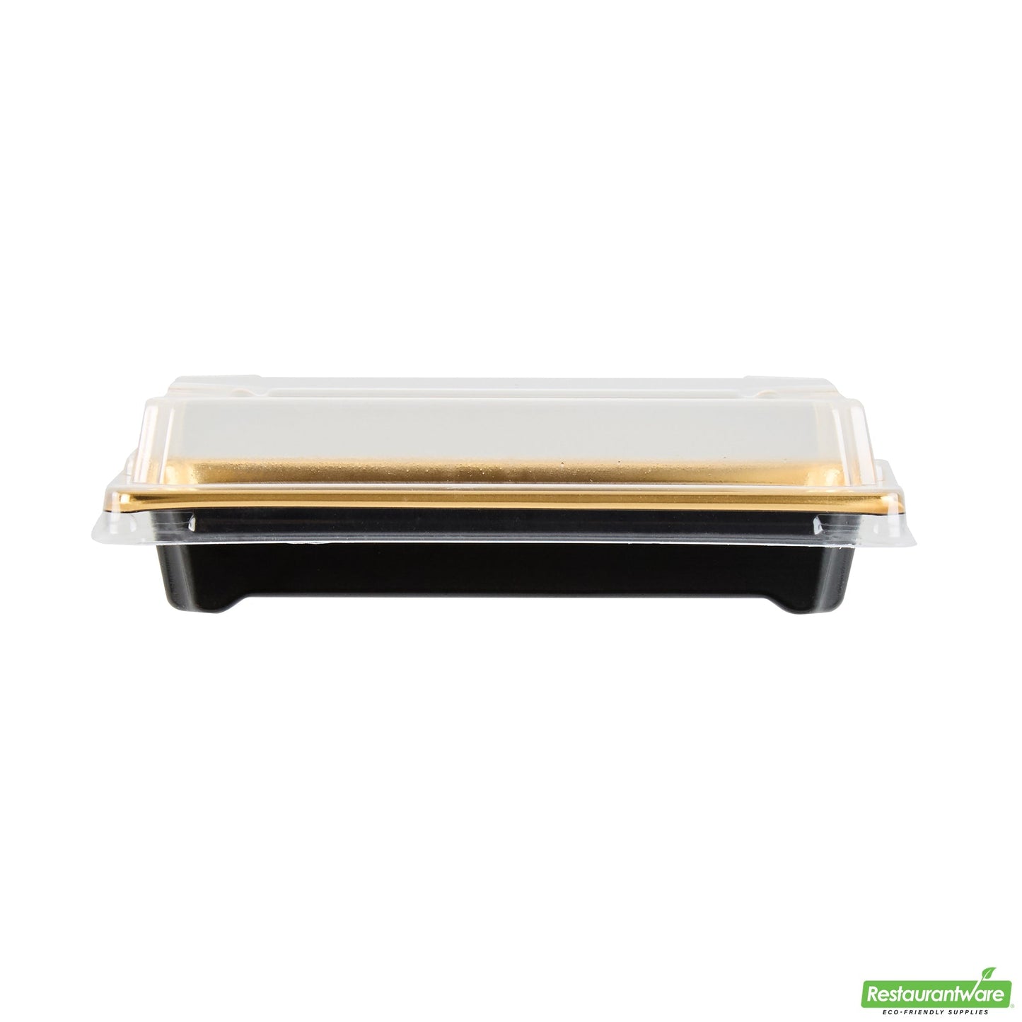 Wholesale Restaurantware Roku Rectangle Gold Plastic Take Out Sushi Tray - with Clear Lid - 5 1/4" X 3 1/4" X 1 1/2" - 100 Count Box- Bulk