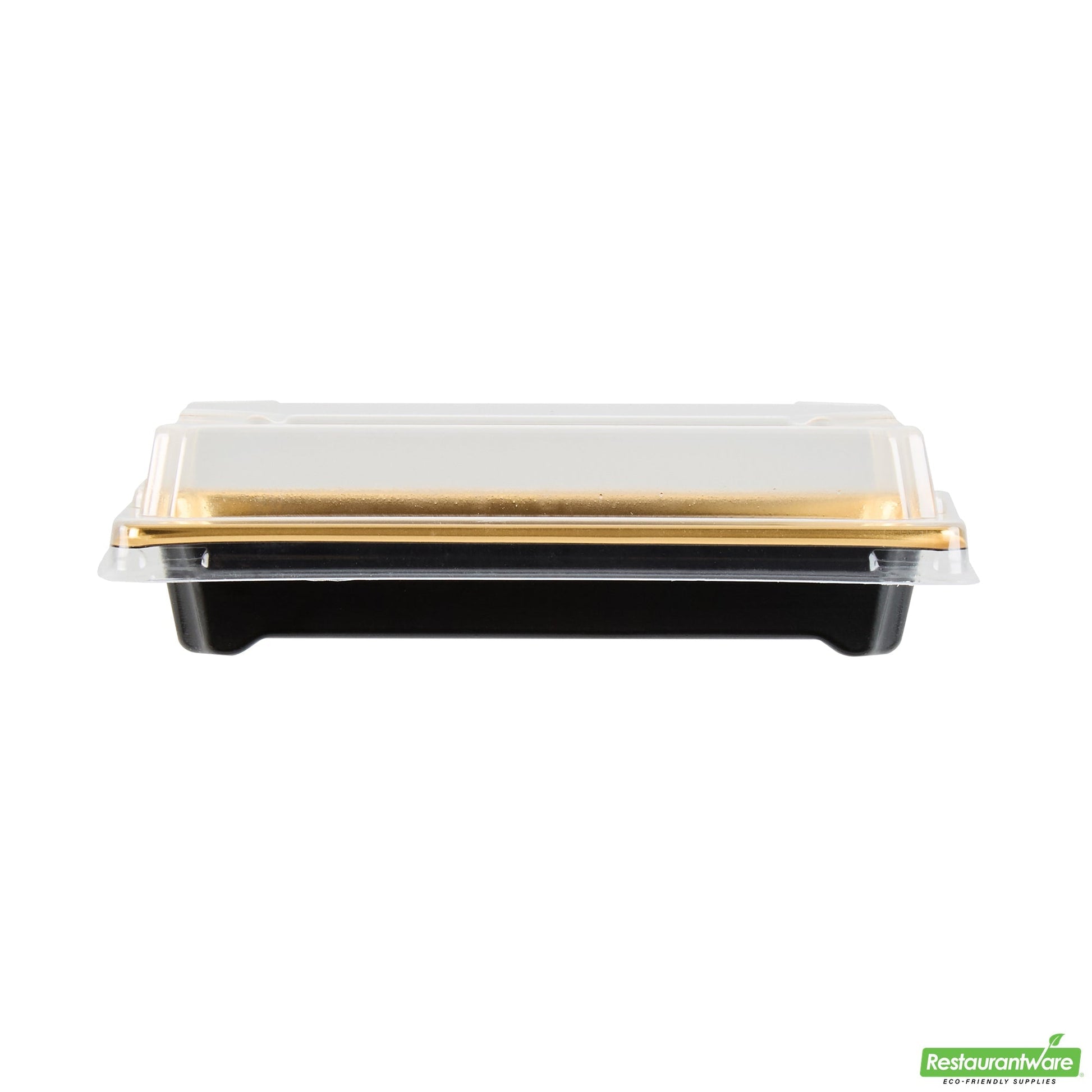 Wholesale Restaurantware Roku Rectangle Gold Plastic Take Out Sushi Tray - with Clear Lid - 5 1/4" X 3 1/4" X 1 1/2" - 100 Count Box- Bulk