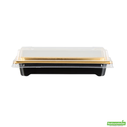 Wholesale Restaurantware Roku Rectangle Gold Plastic Take Out Sushi Tray - with Clear Lid - 5 1/4" X 3 1/4" X 1 1/2" - 100 Count Box- Bulk