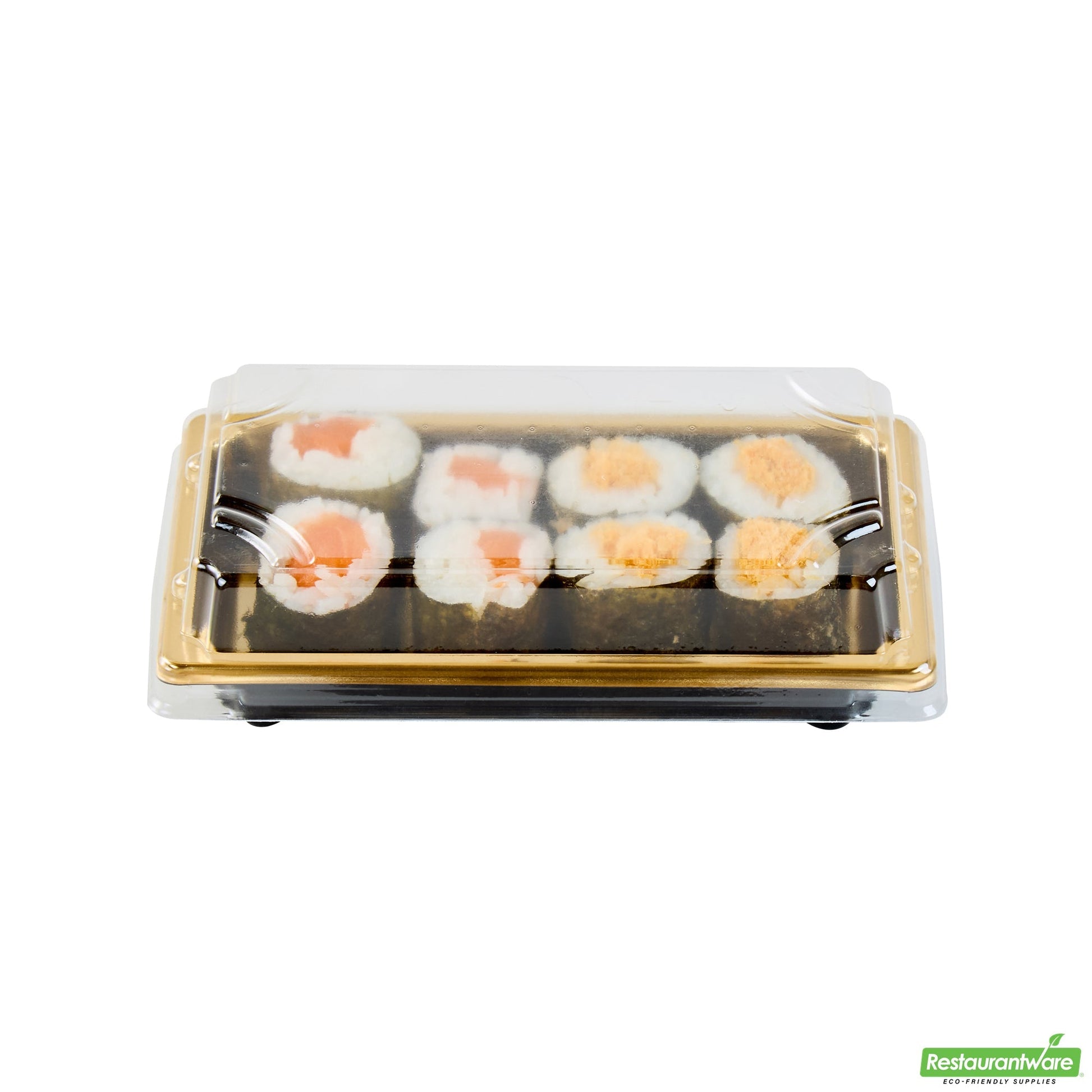 Wholesale Restaurantware Roku Rectangle Gold Plastic Take Out Sushi Tray - with Clear Lid - 5 1/4" X 3 1/4" X 1 1/2" - 100 Count Box- Bulk
