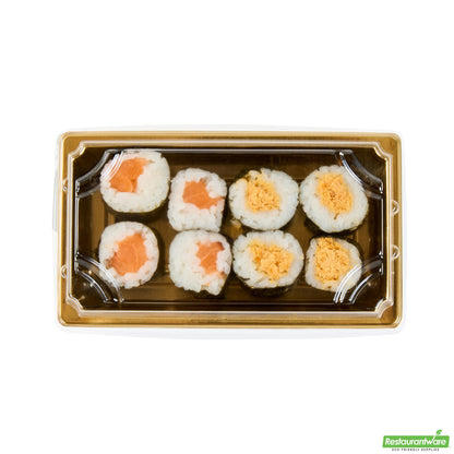 Wholesale Restaurantware Roku Rectangle Gold Plastic Take Out Sushi Tray - with Clear Lid - 5 1/4" X 3 1/4" X 1 1/2" - 100 Count Box- Bulk