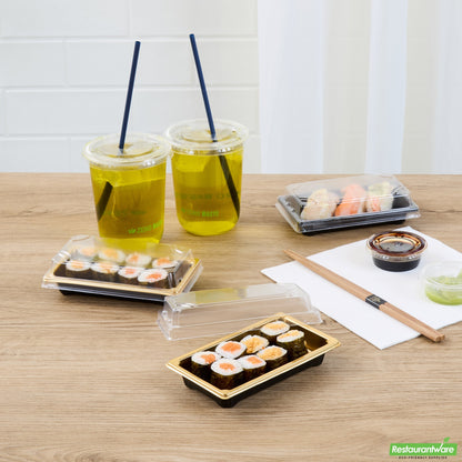 Wholesale Restaurantware Roku Rectangle Gold Plastic Take Out Sushi Tray - with Clear Lid - 5 1/4" X 3 1/4" X 1 1/2" - 100 Count Box- Bulk