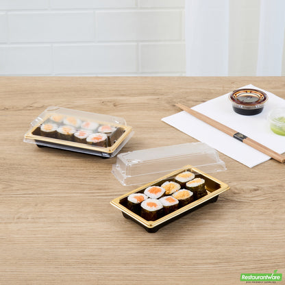 Wholesale Restaurantware Roku Rectangle Gold Plastic Take Out Sushi Tray - with Clear Lid - 5 1/4" X 3 1/4" X 1 1/2" - 100 Count Box- Bulk