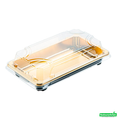 Wholesale Restaurantware Roku Rectangle Gold Plastic Take Out Sushi Tray - with Clear Lid - 6" X 3 1/2" X 1 3/4" - 100 Count Box- Bulk