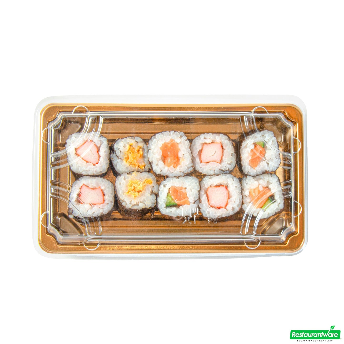 Wholesale Restaurantware Roku Rectangle Gold Plastic Take Out Sushi Tray - with Clear Lid - 6" X 3 1/2" X 1 3/4" - 100 Count Box- Bulk
