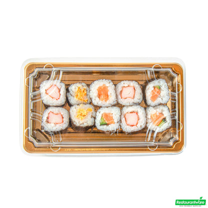 Wholesale Restaurantware Roku Rectangle Gold Plastic Take Out Sushi Tray - with Clear Lid - 6" X 3 1/2" X 1 3/4" - 100 Count Box- Bulk