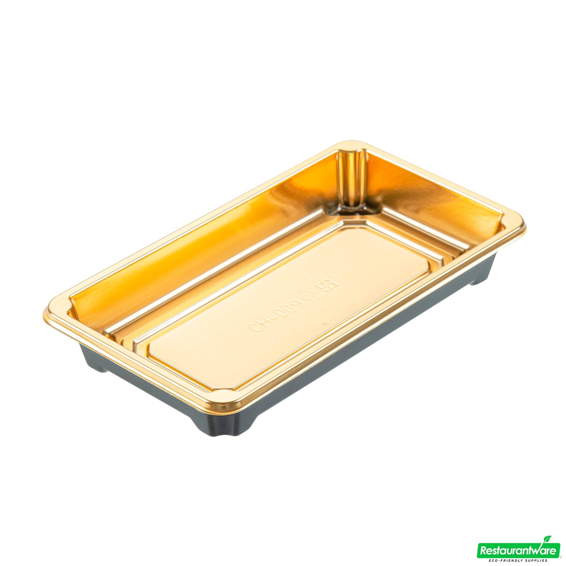 Wholesale Restaurantware Roku Rectangle Gold Plastic Take Out Sushi Tray - with Clear Lid - 6" X 3 1/2" X 1 3/4" - 100 Count Box- Bulk