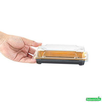 Wholesale Restaurantware Roku Rectangle Gold Plastic Take Out Sushi Tray - with Clear Lid - 6" X 3 1/2" X 1 3/4" - 100 Count Box- Bulk