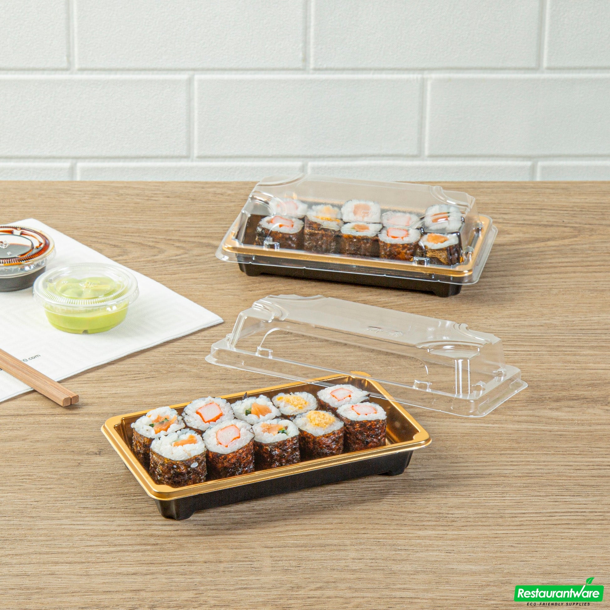 Wholesale Restaurantware Roku Rectangle Gold Plastic Take Out Sushi Tray - with Clear Lid - 6" X 3 1/2" X 1 3/4" - 100 Count Box- Bulk