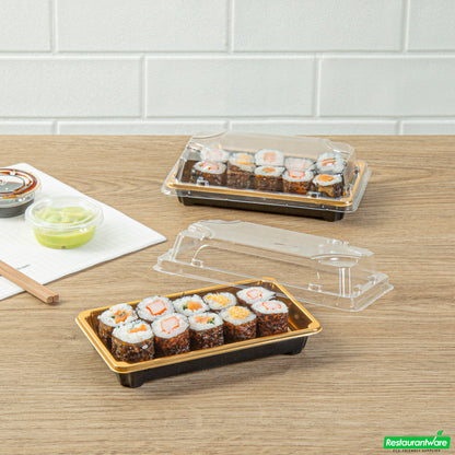 Wholesale Restaurantware Roku Rectangle Gold Plastic Take Out Sushi Tray - with Clear Lid - 6" X 3 1/2" X 1 3/4" - 100 Count Box- Bulk
