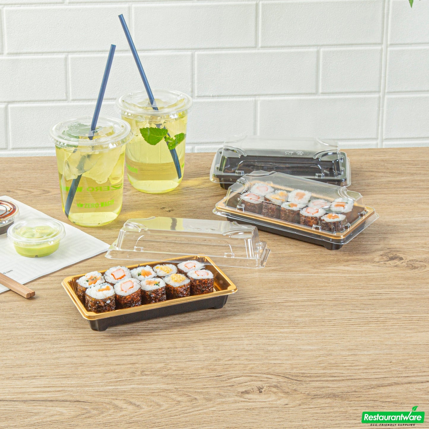 Wholesale Restaurantware Roku Rectangle Gold Plastic Take Out Sushi Tray - with Clear Lid - 6" X 3 1/2" X 1 3/4" - 100 Count Box- Bulk