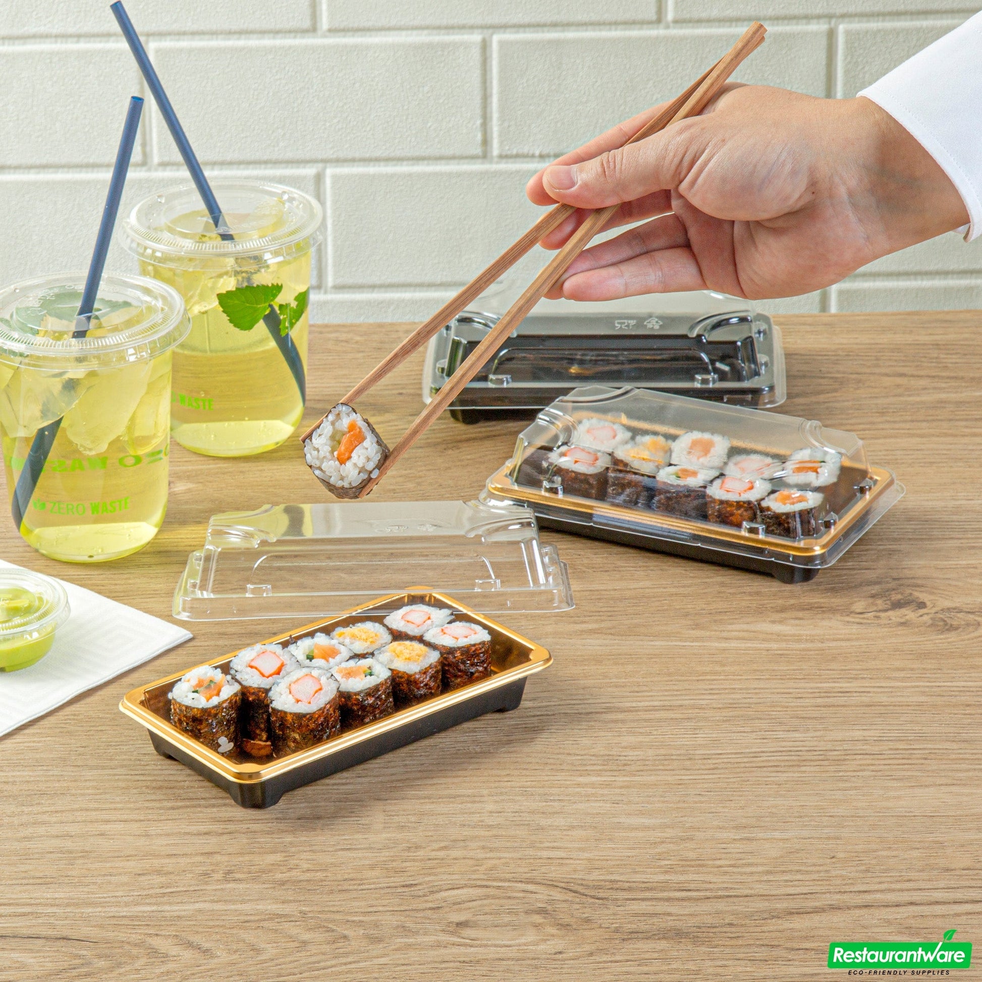 Wholesale Restaurantware Roku Rectangle Gold Plastic Take Out Sushi Tray - with Clear Lid - 6" X 3 1/2" X 1 3/4" - 100 Count Box- Bulk