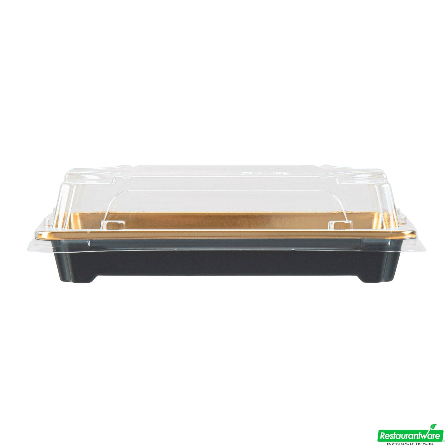 Wholesale Restaurantware Roku Rectangle Gold Plastic Take Out Sushi Tray - with Clear Lid - 6" X 3 1/2" X 1 3/4" - 100 Count Box- Bulk