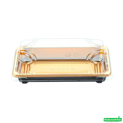 Wholesale Restaurantware Roku Rectangle Gold Plastic Take Out Sushi Tray - with Clear Lid - 6" X 3 1/2" X 1 3/4" - 100 Count Box- Bulk