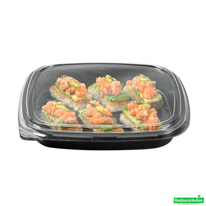 Wholesale Restaurantware Roku Square Black Plastic Take Out Sushi Tray - with Clear Lid - 10 3/4" X 10 3/4" X 1 3/4" - 50 Count Box- Bulk