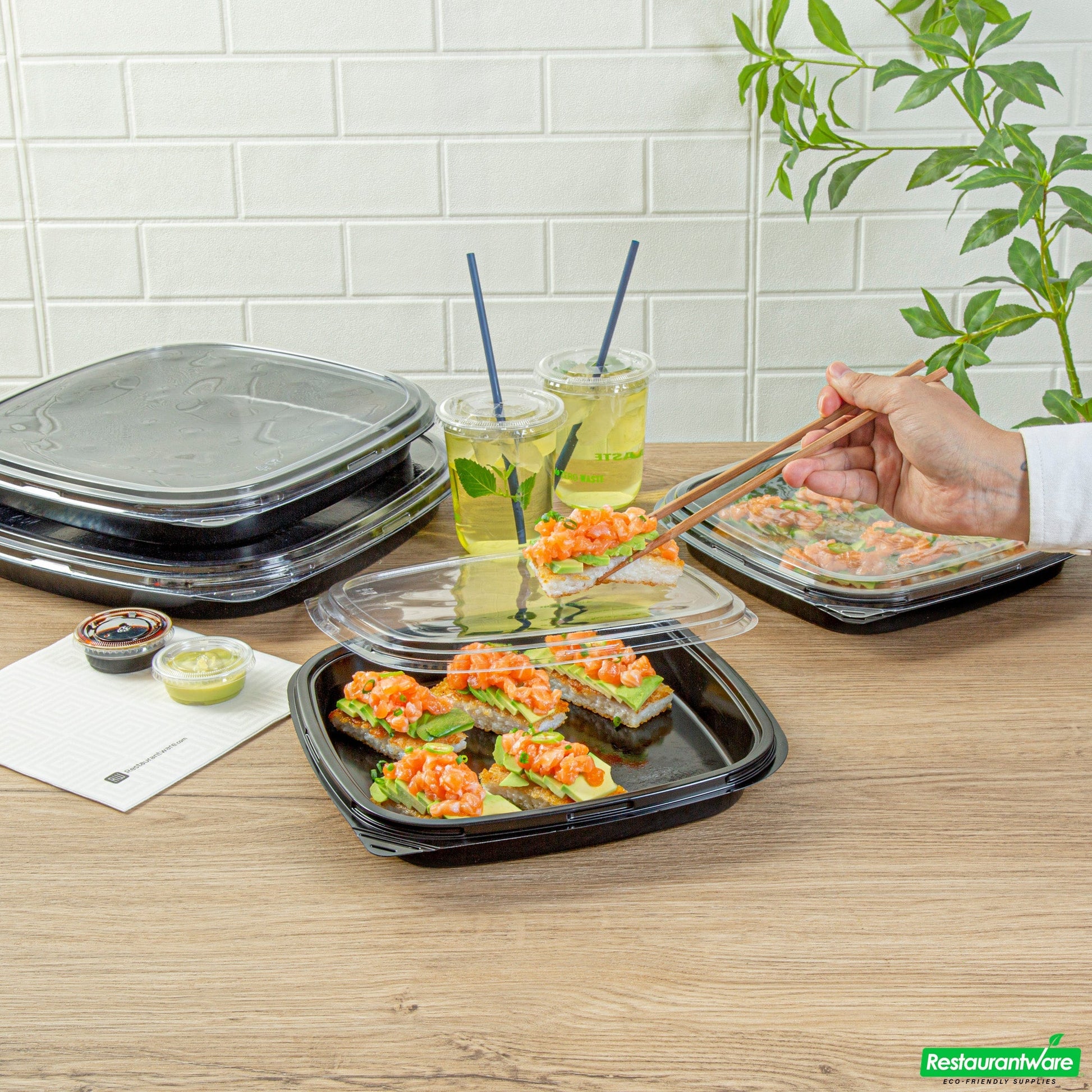 Wholesale Restaurantware Roku Square Black Plastic Take Out Sushi Tray - with Clear Lid - 10 3/4" X 10 3/4" X 1 3/4" - 100 Count Box- Bulk