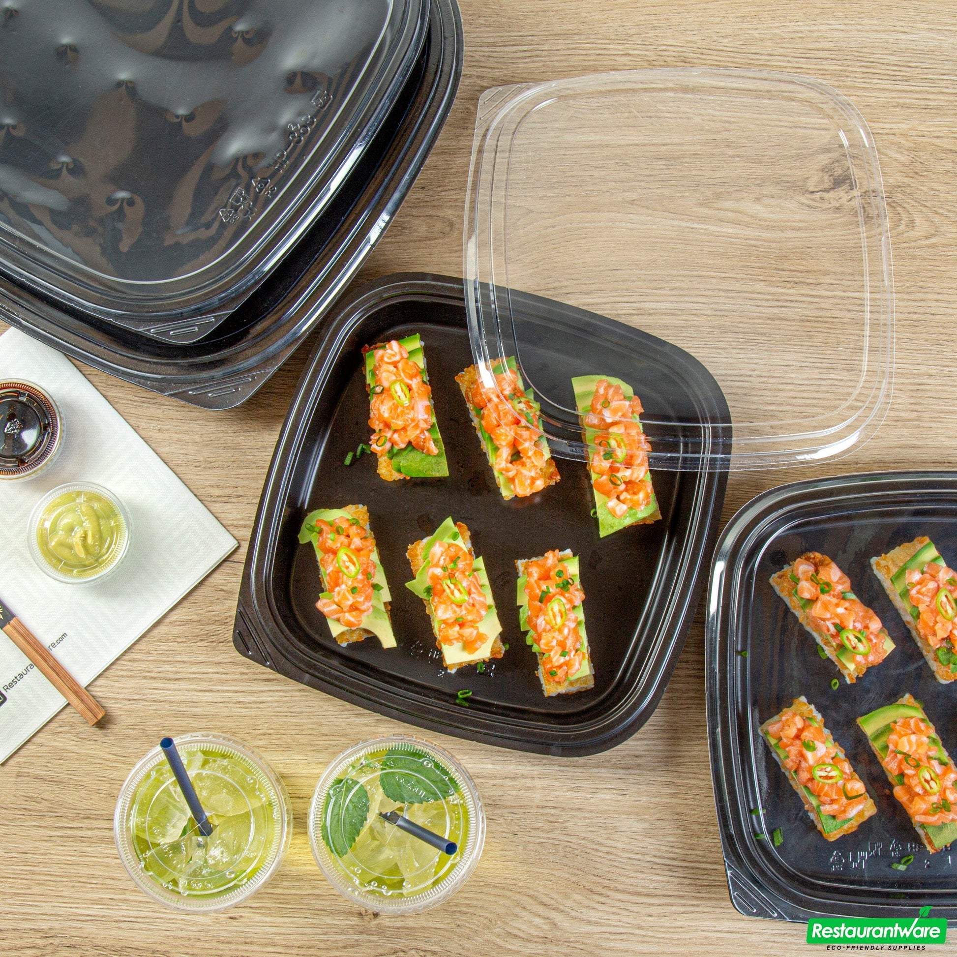 Wholesale Restaurantware Roku Square Black Plastic Take Out Sushi Tray - with Clear Lid - 10 3/4" X 10 3/4" X 1 3/4" - 100 Count Box- Bulk