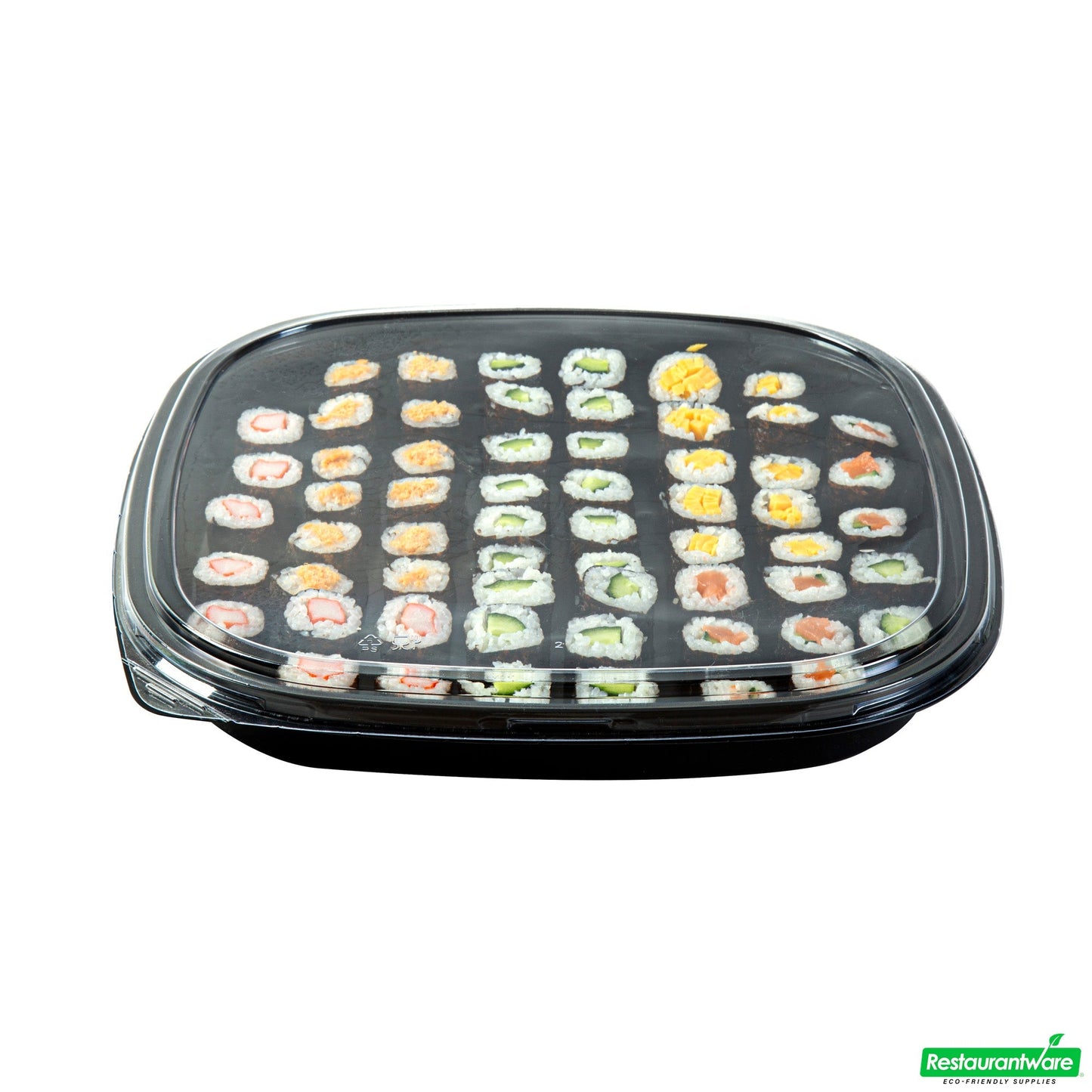 Wholesale Restaurantware Roku Square Black Plastic Take Out Sushi Tray - with Clear Lid - 12 1/2" X 12 1/2" X 1 3/4" - 100 Count Box- Bulk