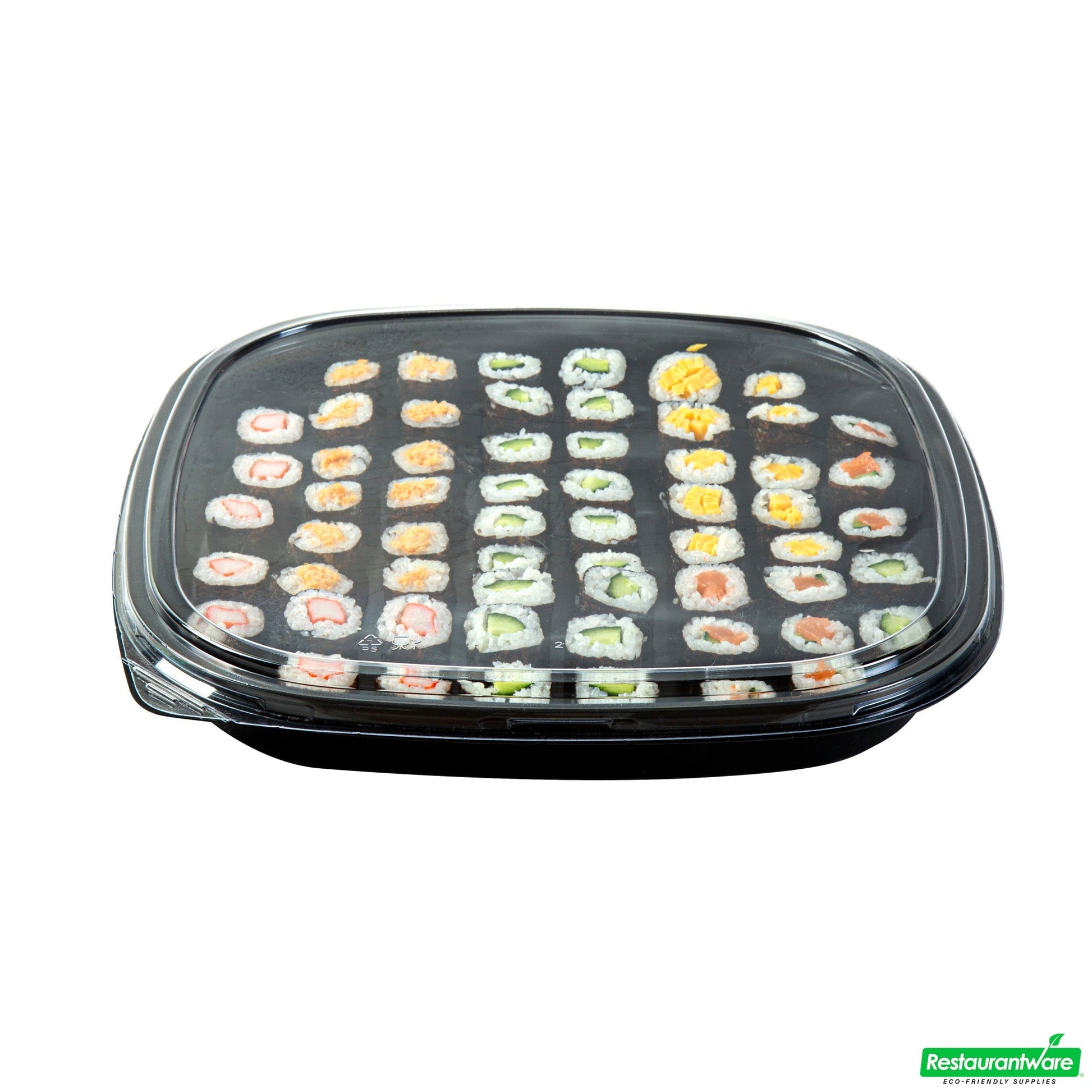Wholesale Restaurantware Roku Square Black Plastic Take Out Sushi Tray - with Clear Lid - 12 1/2" X 12 1/2" X 1 3/4" - 100 Count Box- Bulk