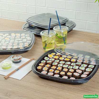 Wholesale Restaurantware Roku Square Black Plastic Take Out Sushi Tray - with Clear Lid - 12 1/2" X 12 1/2" X 1 3/4" - 100 Count Box- Bulk