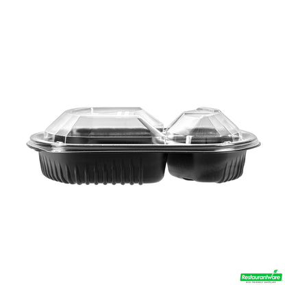 Wholesale Restaurantware 36 Oz Rectangle Black Plastic Food Container - with Clear Lid, Microwavable, 3 Compartments - 9 1/4" X 8" X 2 3/4" - 50 Count Box- Bulk