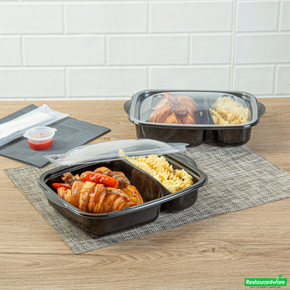 Wholesale Restaurantware 36 Oz Rectangle Black Plastic Food Container - with Clear Lid, Microwavable, 2 Compartments - 8 3/4" X 7" X 2 1/4" - 50 Count Box- Bulk