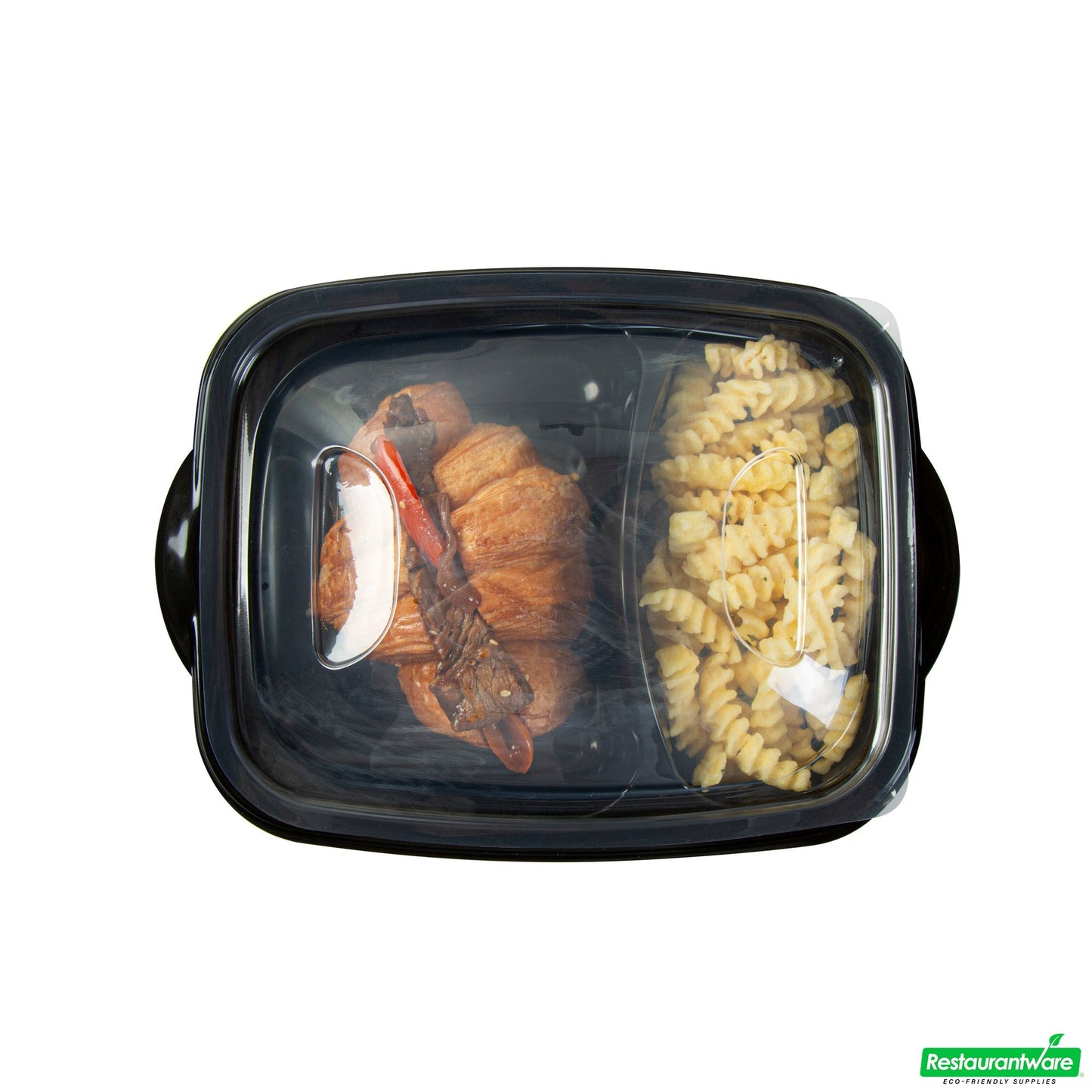 Wholesale Restaurantware 36 Oz Rectangle Black Plastic Food Container - with Clear Lid, Microwavable, 2 Compartments - 8 3/4" X 7" X 2 1/4" - 100 Count Box- Bulk