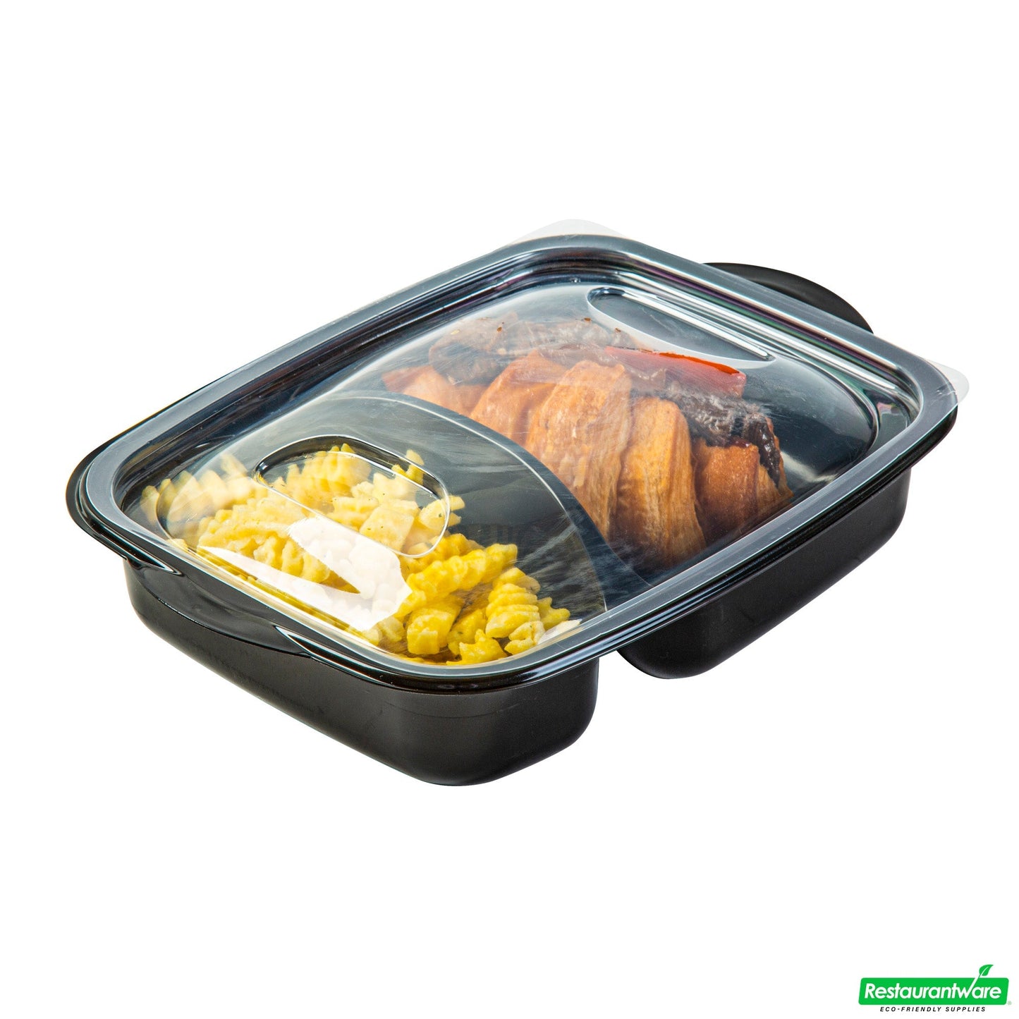 Wholesale Restaurantware 36 Oz Rectangle Black Plastic Food Container - with Clear Lid, Microwavable, 2 Compartments - 8 3/4" X 7" X 2 1/4" - 100 Count Box- Bulk